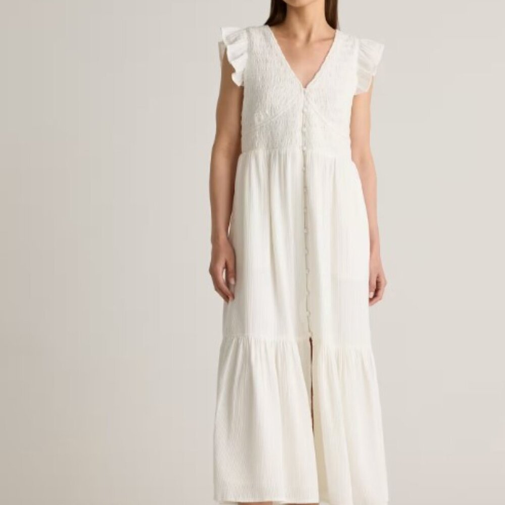 Quince organic textured cotton smocked v-neck midi dress Large